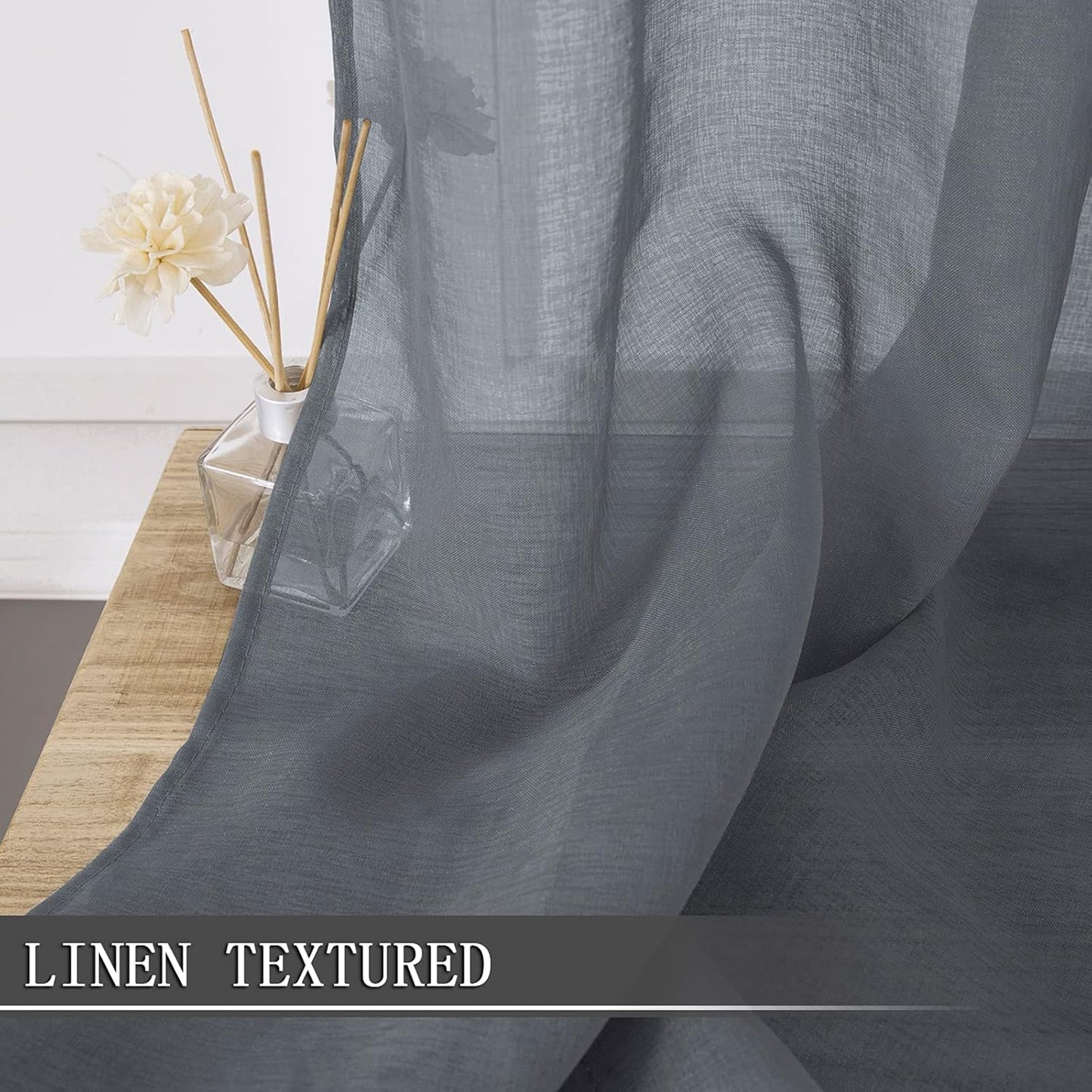 Tollpiz Sheer Curtain Linen Textured Bedroom Curtains Sheer Light Filtering Rod Pocket Voile Curtain for Living Room, 54 x 95 inches Long, Dark Grey, Set of 2 Panels