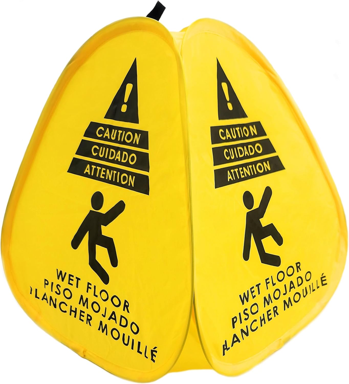 Kraken Sign Co - Pop-up Sign, Yellow 4-Sided Bilingual Trilingual English/Spanish/French Warning, Pop-up Caution Wet Floor Sign 16 inch for Restaurant, Commercial and Industrial Safety. Foldable, Portable, Durable (Yellow, 2 Pack)