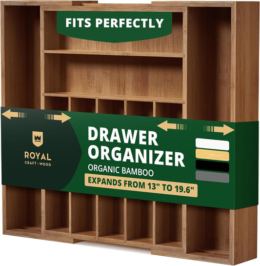 ROYAL CRAFT WOOD Luxury Bamboo Kitchen Drawer Organizer - Silverware Organizer - Utensil Holder and Cutlery Tray with Grooved Drawer Dividers for Flatware and Kitchen Utensils (9 Slot, Brown Bamboo)