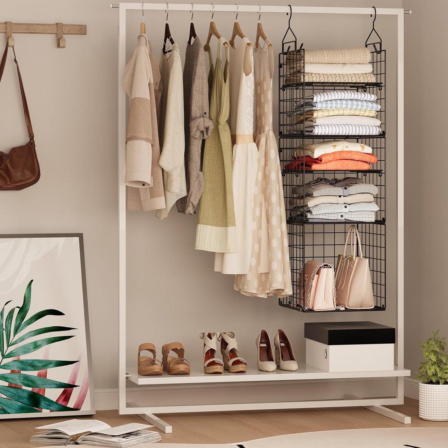 X-cosrack Hanging Closet Organizer and Storage - 5-Tier Closet Storage Organizer Baskets for Clothes & Adjustable Collapsible Metal Closet Hanging Organizer Shelves for Sweaters Shoes Handbags