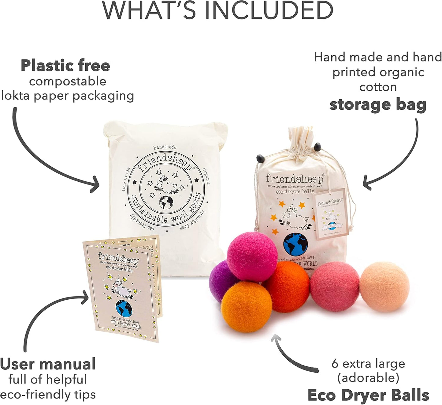 Friendsheep Wool Dryer Balls 6 Pack XL Organic Premium Reusable Cruelty Free Handmade Fair Trade No Lint Fabric Softener Color - Tropical Sunset