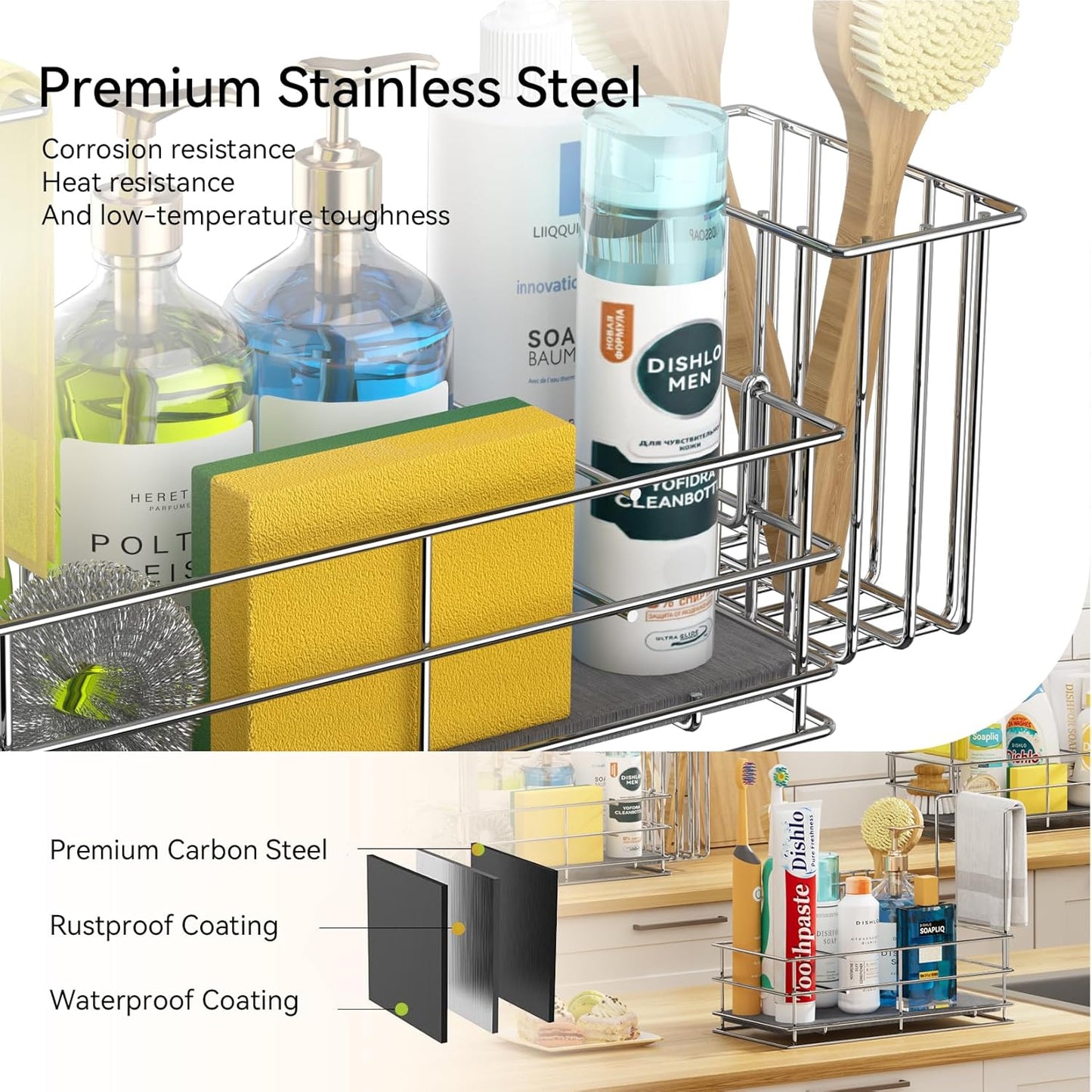 Yofidra Sponge Holder for Kitchen Organizer: Sink Caddy with Instant Drying Stone, Metal Stainless Steel, 9.4" X 4.7" X 7"4 Home Decor Storage and Organization Accessories