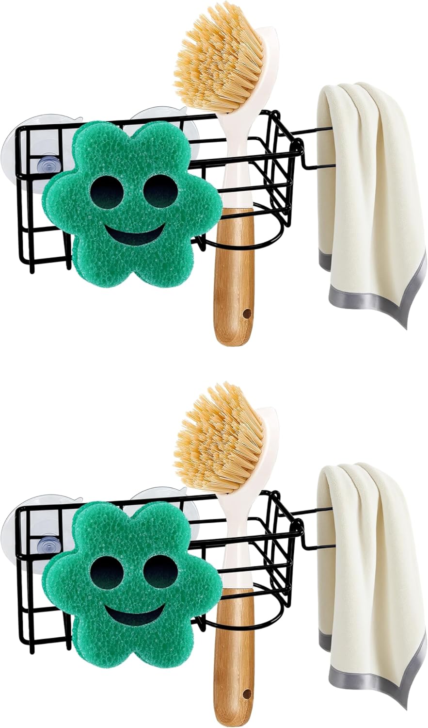 Sponge Holder Smile Face with Dish Cloth Hanger for Kitchen Sink, in-Sink Caddy Organizer with Suction Cups & Adhesive Strips, Rustproof Sponge Rack for Soap, Brush, Scrubber - Black（2 Pack）