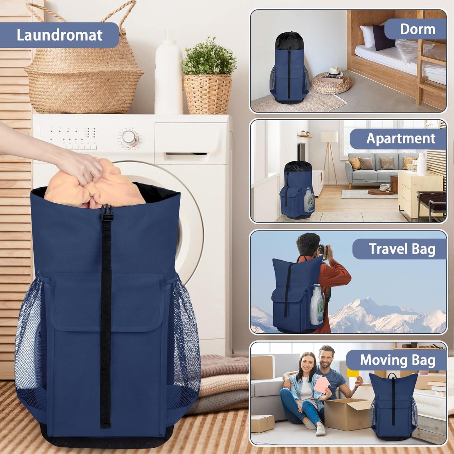 Laundry Backpack Bag, 132L Extra Large Heavy Duty Laundry Backpack for College Dorm Essentials, Laundry Hamper Travel Bag with Shoulder Straps and Mesh Wash Bags for Laundromat, Apartment Blue