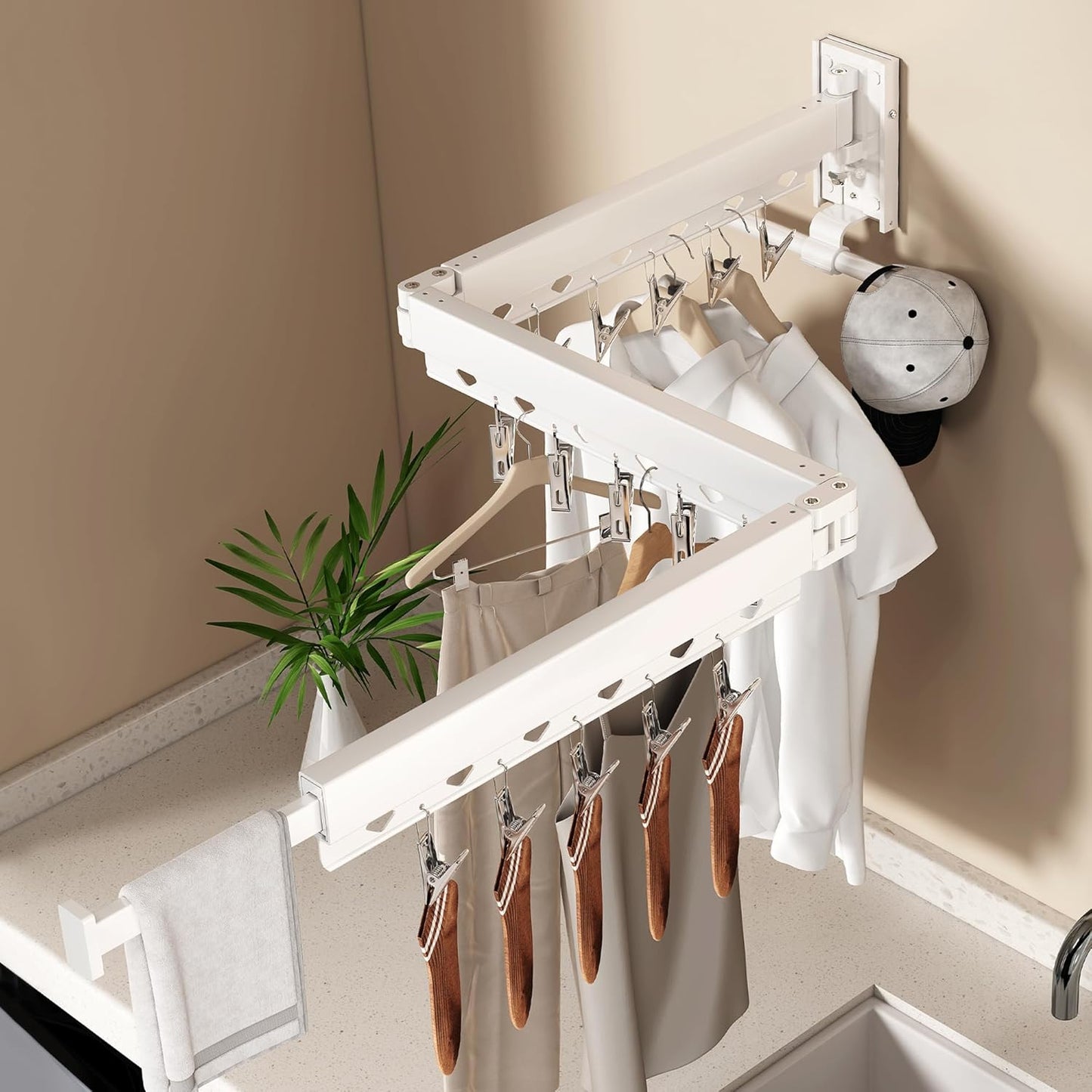 Wall Mounted Collapsible Clothes Drying Rack, Durable Space-Saving Laundry Drying Rack Clothing Hanger, Upgraded with Clips and Windproof Holes