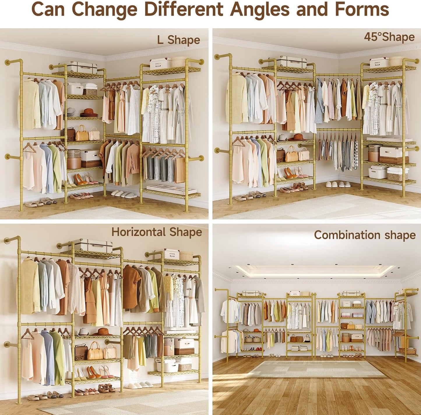 ONBRILL L4 Wall Mounted Industrial Pipe Clothing Rack, Closet Organizer System with 6 Hanging Clothes Rods ( 4 Expandable Rods) & 8 Shelves, Heavy Duty Corner Garment Rack, Large Wardrobe - Gold