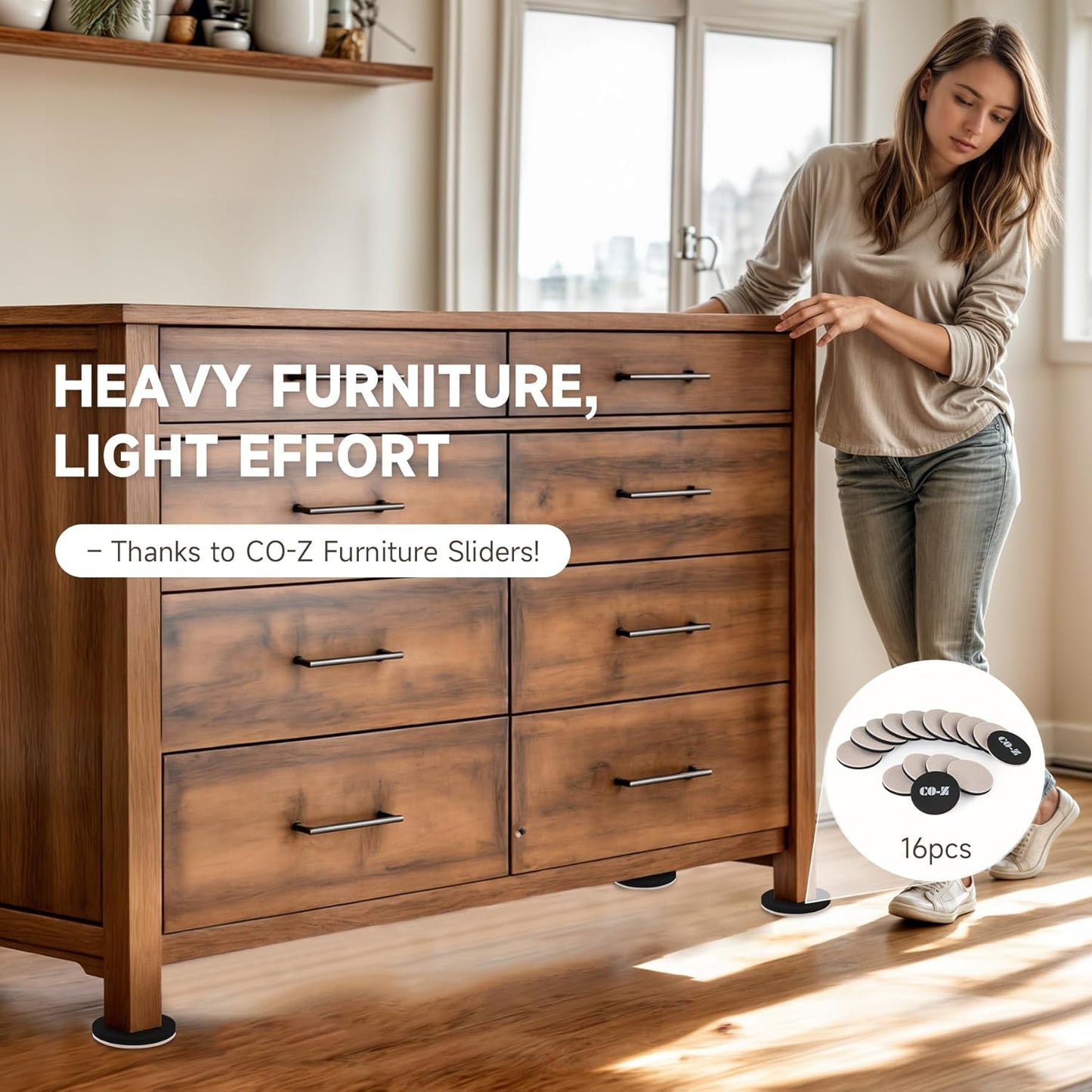 CO-Z 16pcs Felt Furniture Sliders for Hardwood Floors, 3 1/2 in Reusable Furniture Pads, Heavy Furniture Movers Sliders for Hard Surfaces, Thick Moving Pads Floor Protectors for Vinyl Tile Floors