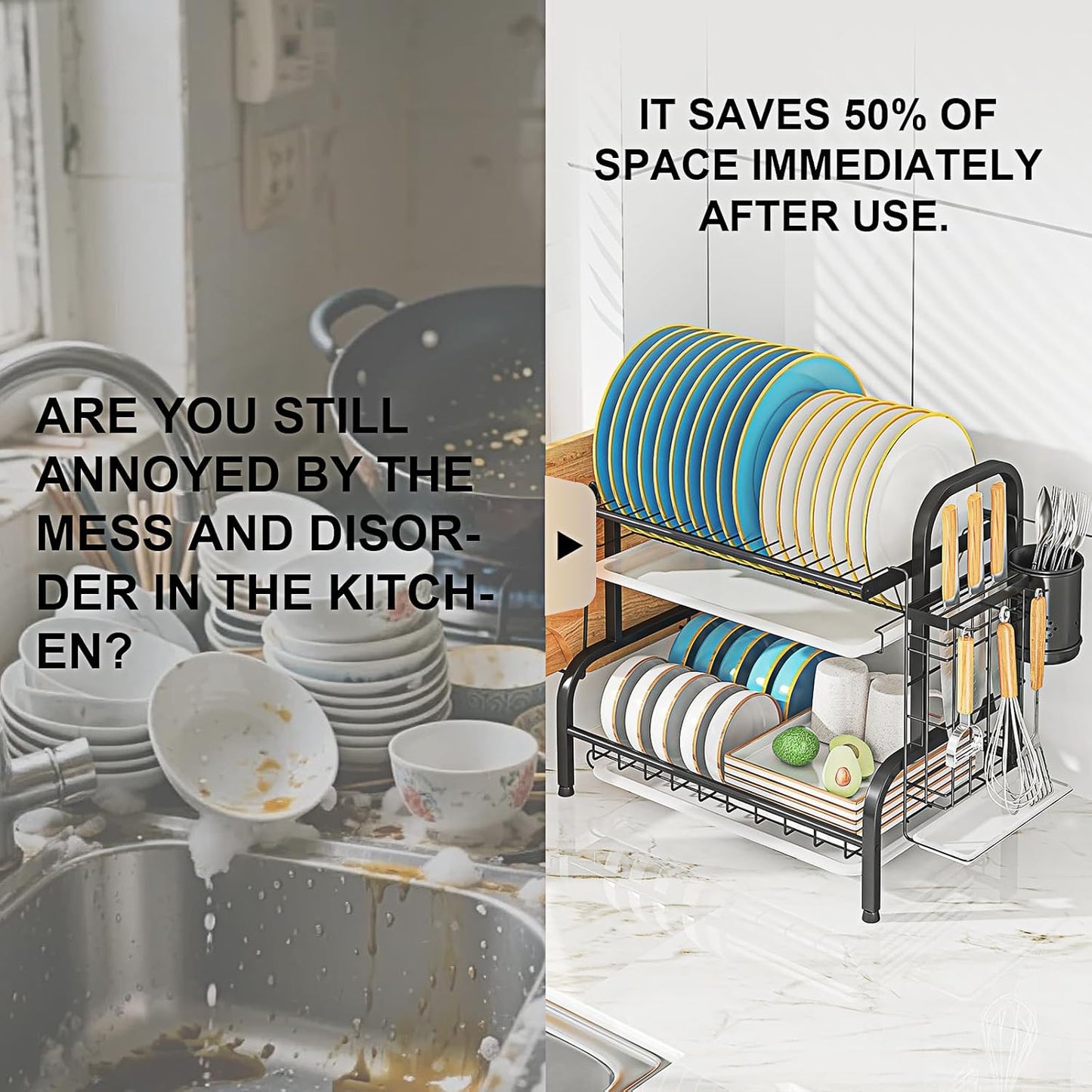 LEGUANG 2-Tier Stainless Steel Dish Drying Rack, Space-Saving Kitchen Organizer for in/Over Sink/Counter, with Removable Drain Tray & Cutlery Holder & Utensil Holder, Black