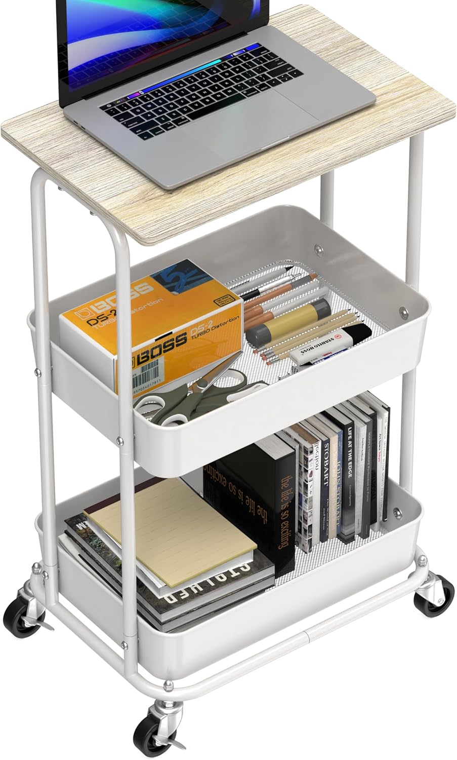 Simple Houseware 2-Tier Rolling Utility Cart with Lockable Wheels and Wood Top, Metal Storage Organizer Trolley for Kitchen, Bathroom, Office, Craft Room, Maple