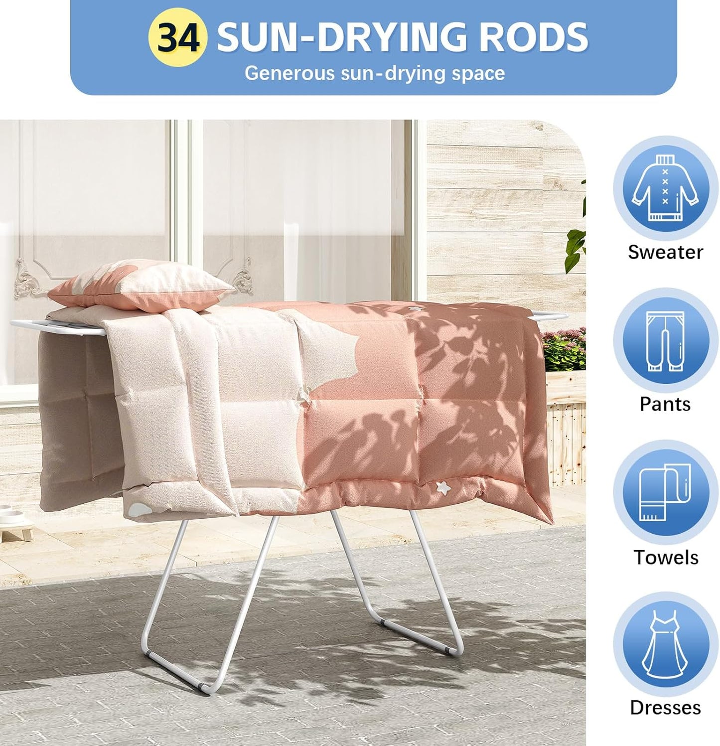 KINGBOARD Clothes Drying Rack Foldable, Metal Drying Rack Clothing with Height-Adjustable, Laundry Rack, Indoor Outdoor Use, No Assembly, 20.47"x 70"x 42.52", White