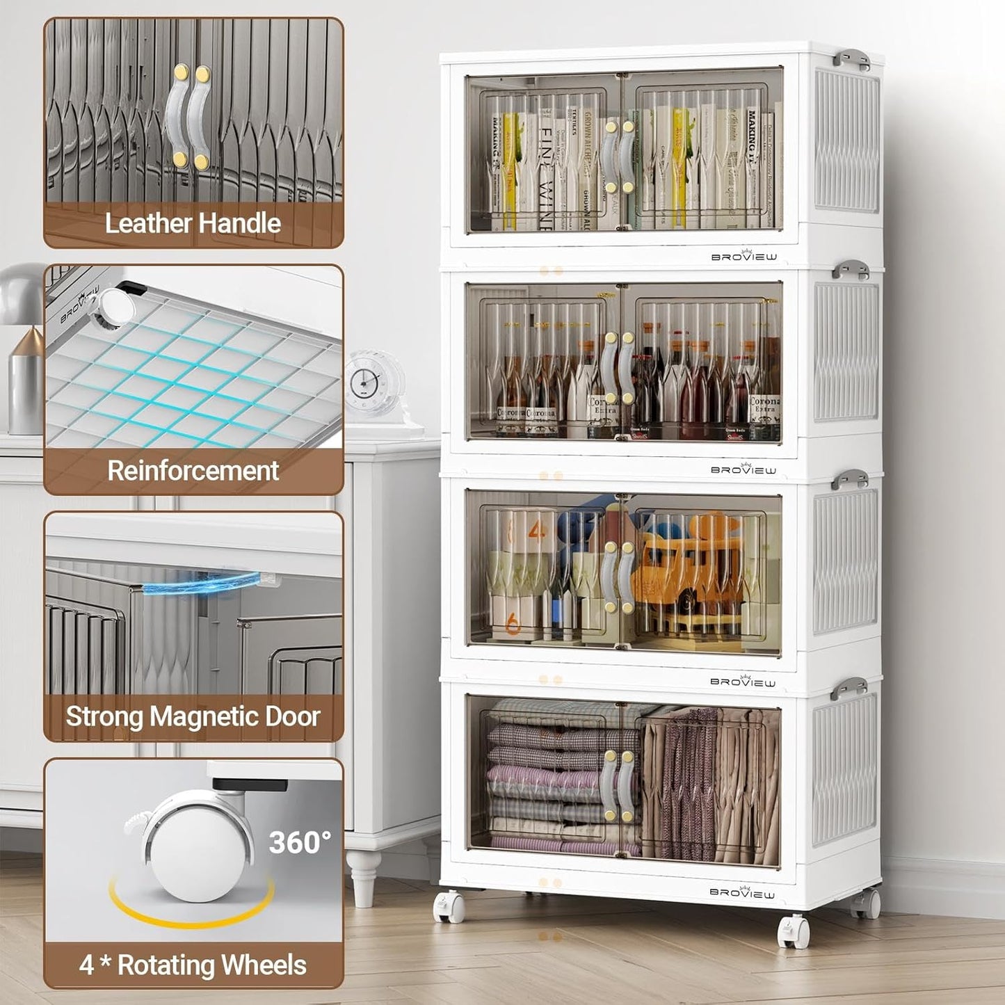 BROVIEW 300Qt Stackable Storage Bins with Lid, Extra Large Closet Organizer Collapsible Drawer Boxes with Wheels, Folding Plastic Cabinet Containers for Home Kitchen Room Organization, 5Pack White