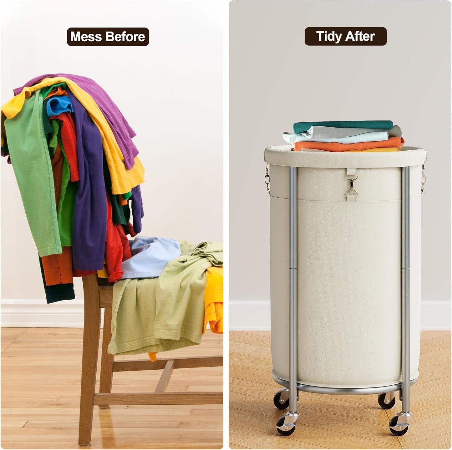 ELYKEN Laundry Hamper with Wheels, 110L Rolling Laundry Basket, Round Laundry Cart with Steel Frame and Removable Bag, 4 Casters and 2 Brakes, Dirty Clothes Hamper for Hotel, Home, Closet, Dorm, Cream