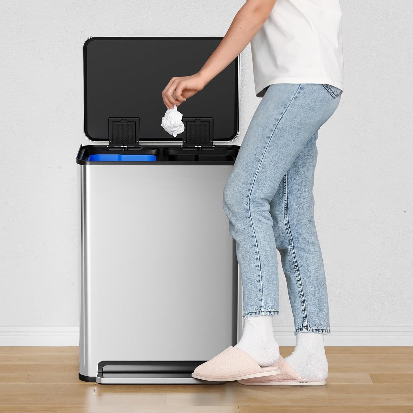 GarveeHome 60L/16 Gal Kitchen Trash Can,2×8 Gal Pedal Trash Bin with Removable Baskets,Stainless Steel Garbage Can for Kitchen Office Restaurant School Hospital