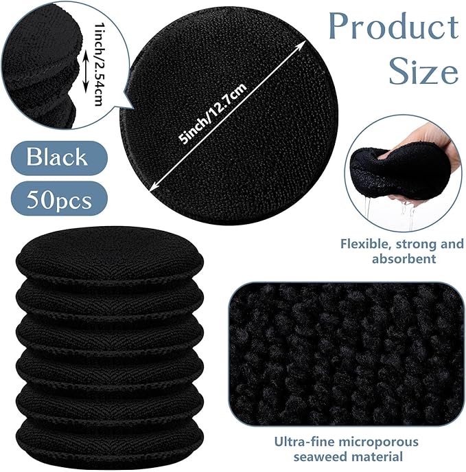 Tanlade 50 Pcs Car Detailing Microfiber Applicator Pad Wax Applicator Wash Microfiber Pads, 5 Inch Diameter (Black)