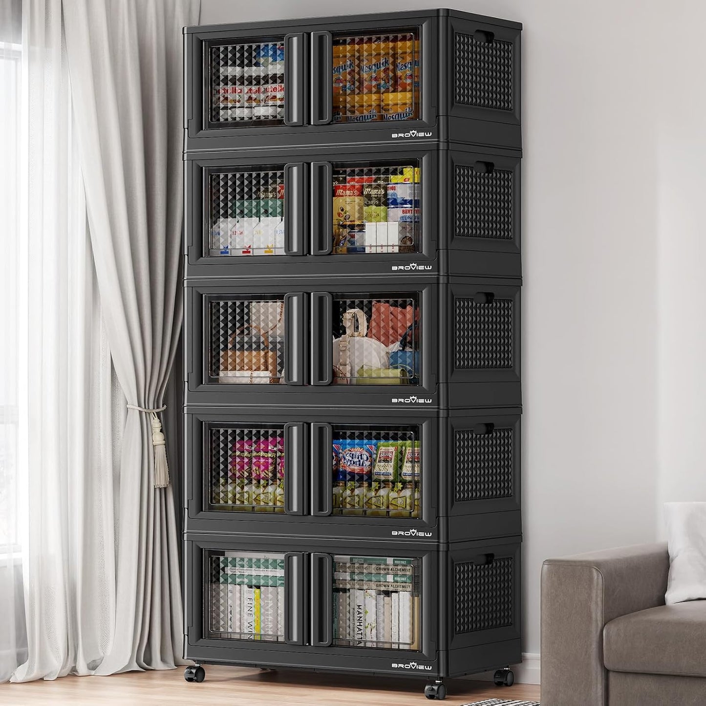 BROVIEW 500 Qt Stackable Storage Bins with Lids & Doors, 5 Pack Plastic Closet Organizer and Storage Drawers with Wheels, Large Collapsible Storage Boxes, Cabinet for Home, Office, V10, Black