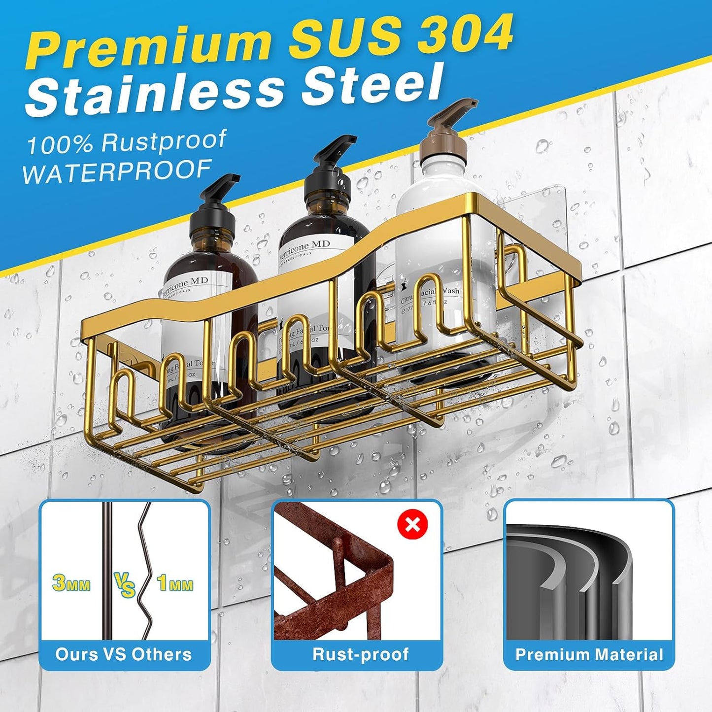 EUDELE 5-Pack Rustproof Stainless Steel Shower Caddy – No Drill Adhesive Bathroom Organizer with Large Capacity, Spacious Shower Shelves for Inside Shower, Kitchen & Home Decor Storage-XL Size