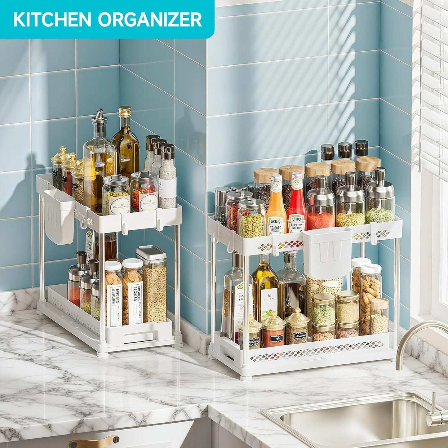 Under Sink Organizer, 2 Tier Pull Out Cabinet Organizer with Hooks Hanging Cup, Easy Installation & Rust-resistant, Multi-Purpose Storage Shelf for Kitchen Bathroom Pantry (White, 2 Pack)