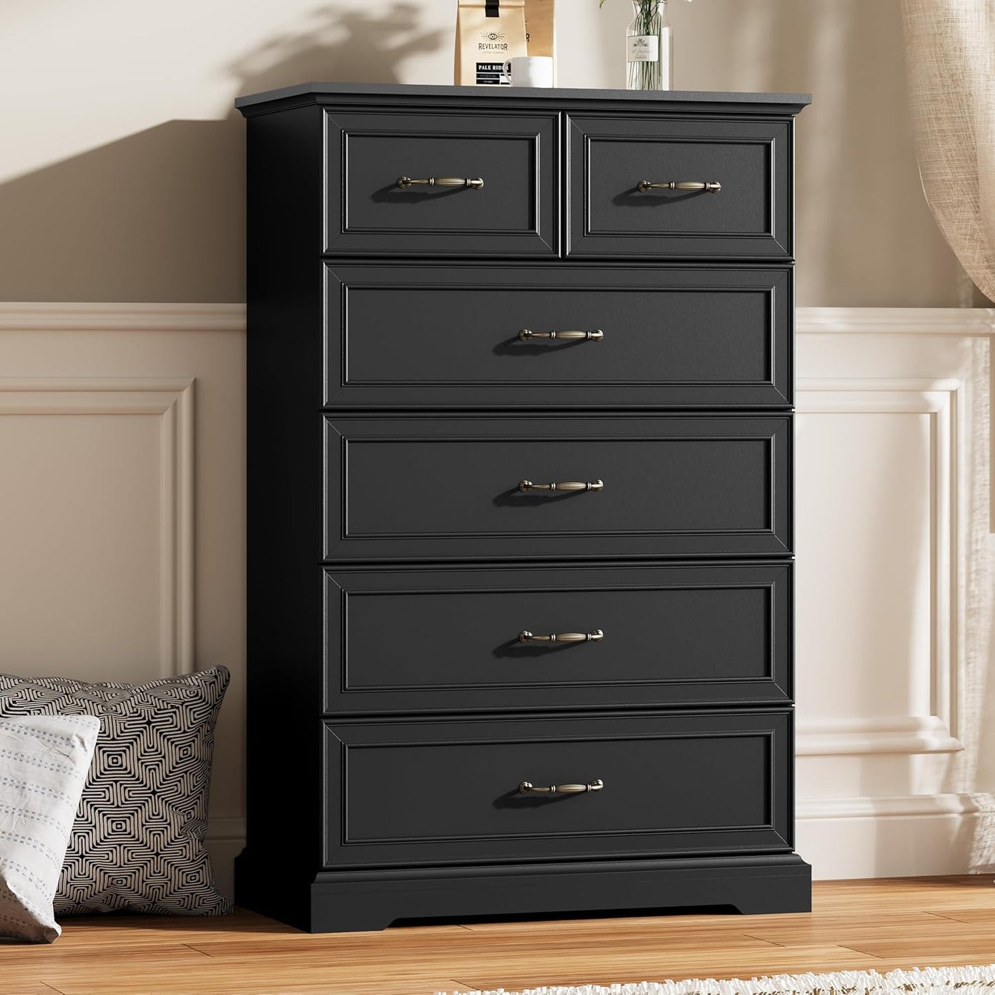 6 Drawer Dresser for Bedroom, 49" Tall Wooden Chest of Drawers, Rustic Farmhouse Dresser with Large Drawers & Metal Handles, Modern Storage Organizer for Closet, Living Room, Hallway, Black
