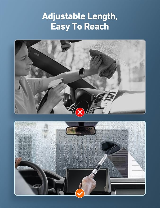 AstroAI Windshield Cleaner Tool, Car Interior Detailing Cleaning Kit with Extendable Handle and 4 Upgraded High-Density Reusable Microfiber Pads, Auto Glass Wiper Brush Kit for Cars, Gray, 15.9in-21in