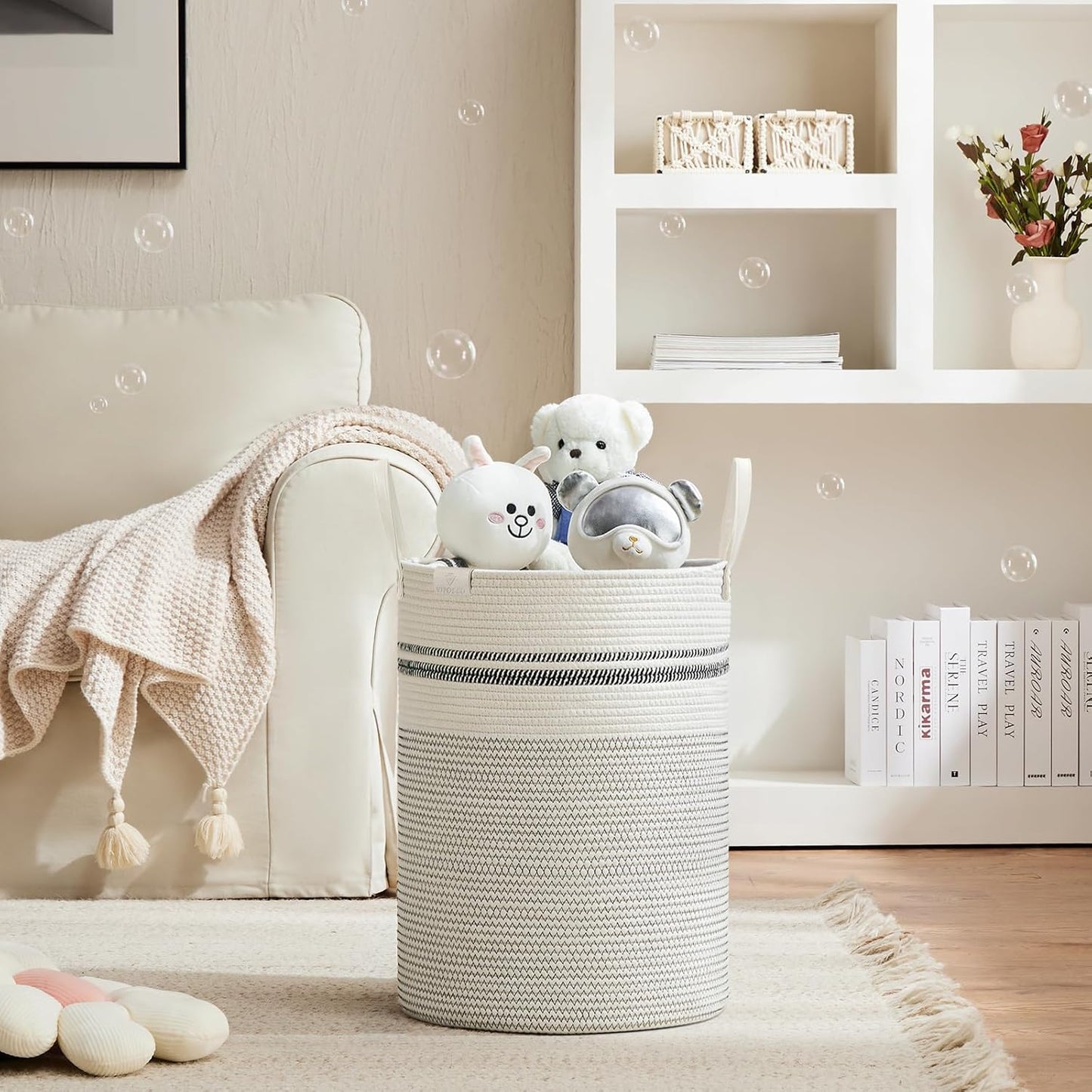 VIPOSCO Tall Laundry Basket, Large Dirty Clothes Hamper with Leather Handle, Woven Rope Storage Basket for Blanket, Toy In Living Room, Bathroom, Bedroom - 58L Stripe White