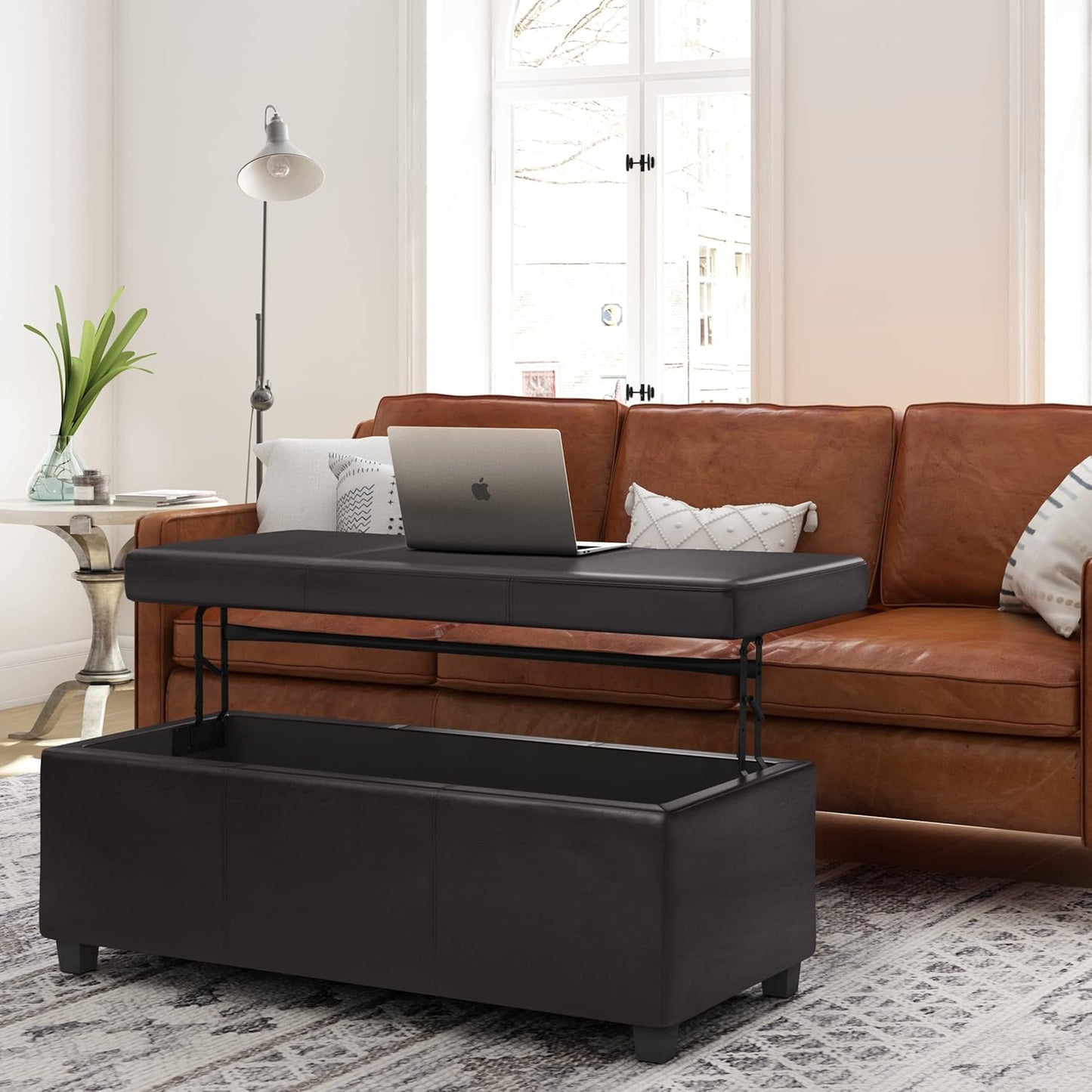 SIMPLIHOME Avalon 44 inch Wide Contemporary Rectangle Lift Top Rectangular Storage Ottoman in Tanners Brown Vegan Faux Leather, Assembled, for the Living Room, Entryway and Family Room.