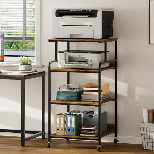 Warmiehomy 4 Tier 24" x 24" Printer Stand with Adjustable Storage Shelf - Large Tall Printer Table with Wheels - Rolling Cart for 3D Laser Printer - Home Office Small Spaces Organization (Brown)