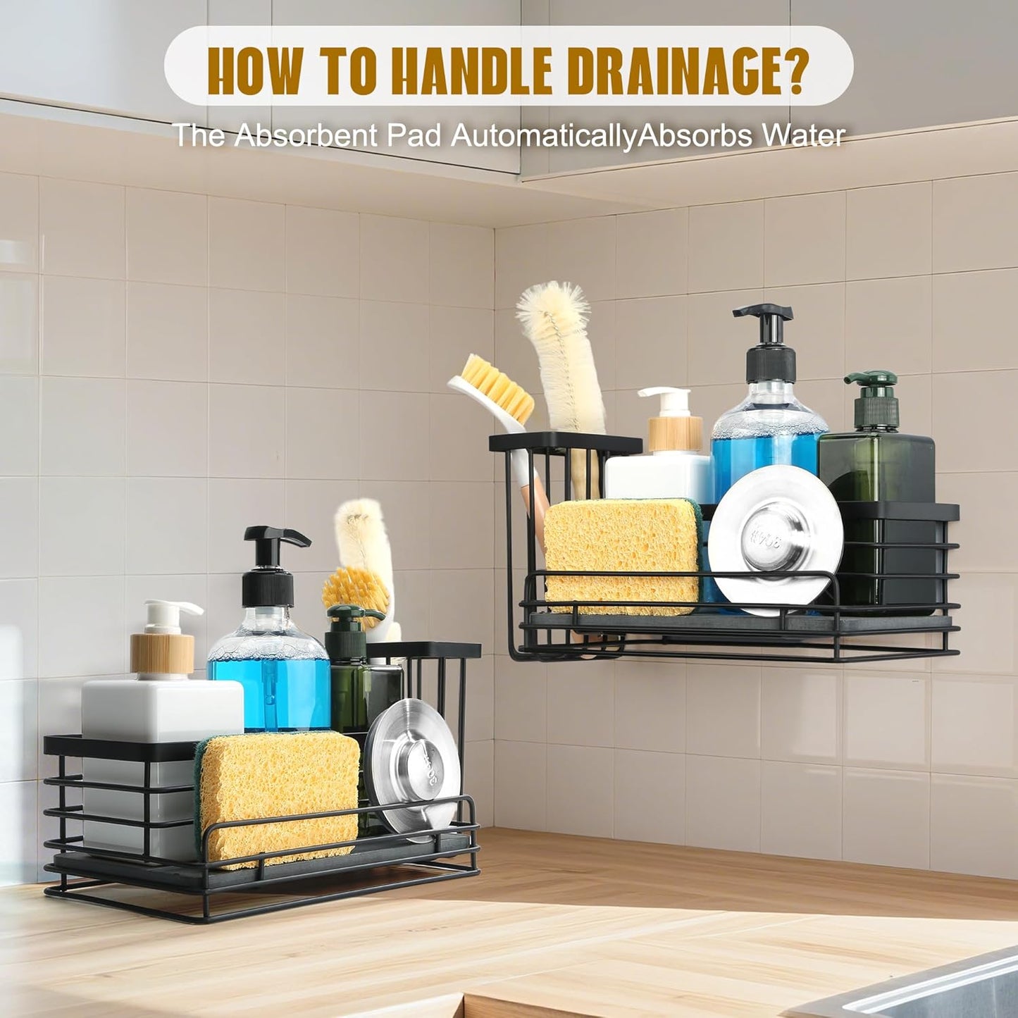 Sponge Holder for Kitchen Sink – Rustproof Sink Caddy & Kitchen Organizer with High Brush Holder, Fast Drying Diatomite Base, 304 Stainless Steel Dish Sponge Rack(Black)