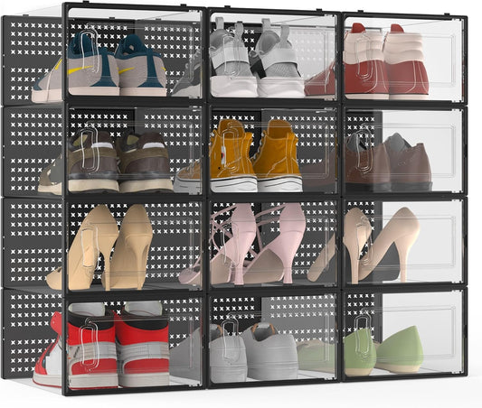 12 Pack XX-Large Modular Clear Plastic Stackable Shoe Storage Organizer for Closet, Space Saving Versatile Sneaker Shoe Rack Containers Bins Holders, Portable Closet Organizers and Storage, Black