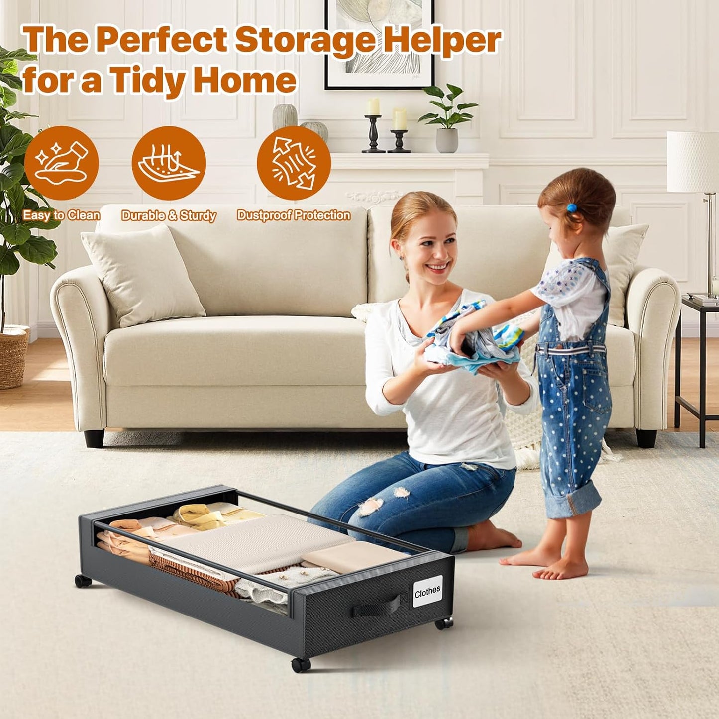 Under Bed Storage with Wheels,XXL 60L Under Bed Storage Containers with Clear Lids, Rolling Under Bed Metal Drawer for Clothes, Shoes,Toys (Black, 2 Pack)