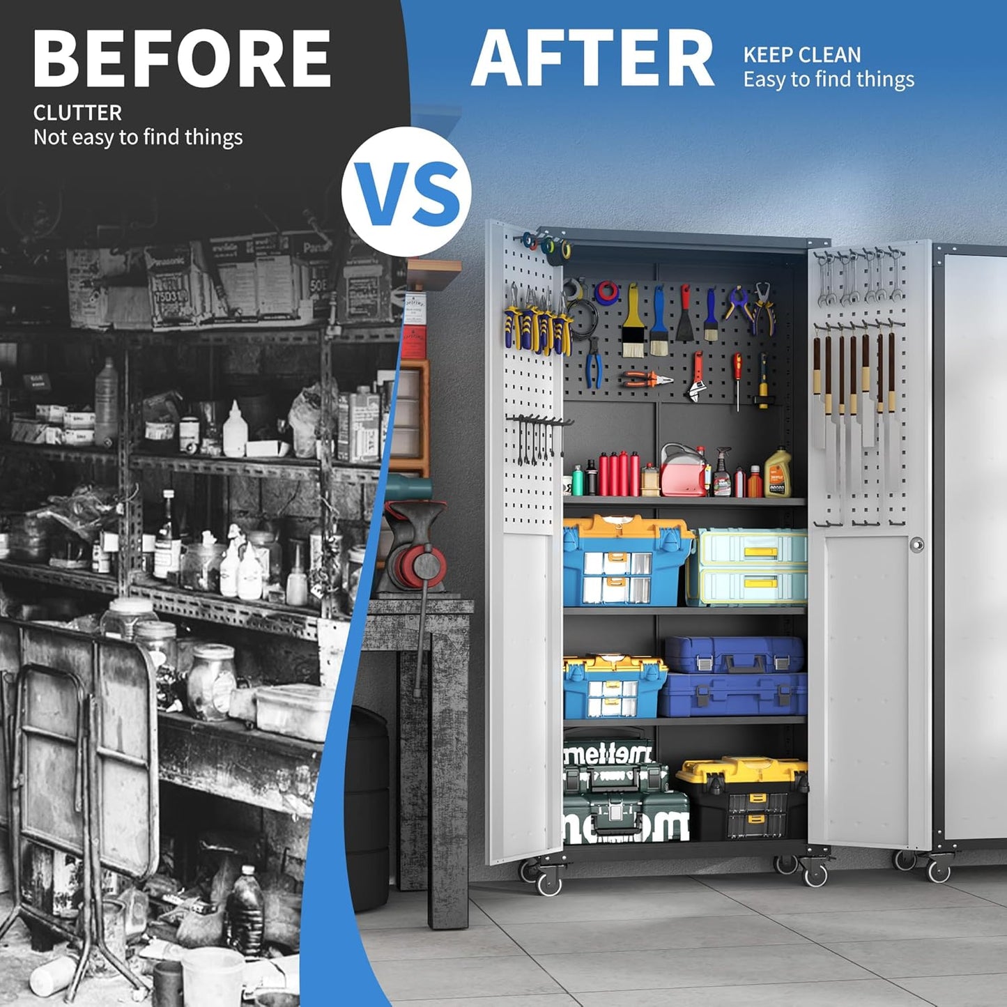 Garage Metal Storage Cabinet with Pegboard, 71'' Tall Storage Cabinet with Adjustable Shelves and Doors, Rolling Tool Cabinet on Wheels for Garage, Utility Room (Black & Grey)