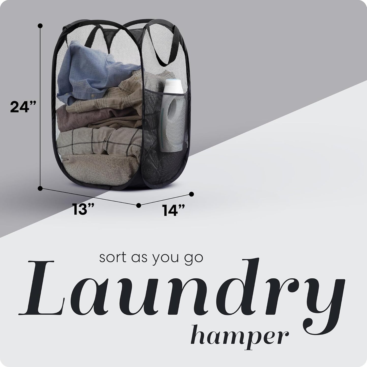 Handy Laundry Collapsible Mesh Pop Up Hamper with Wide Opening and Side Pocket - Breathable, Sturdy, Foldable, and Space-Saving Design for Clothes and Storage (Black)