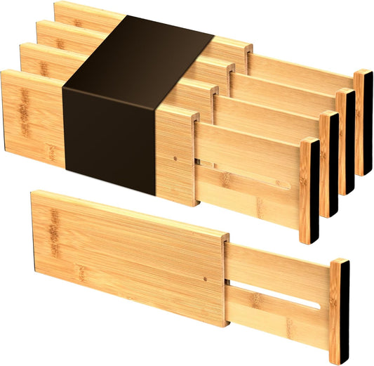Utoplike Bamboo Dresser Drawer Dividers, 4'' High Adjustable Drawer Organizers for Clothing, Spring Loaded, Works in Kitchen, Bathroom, Bedroom, Drawer, Desk, 4 pcs