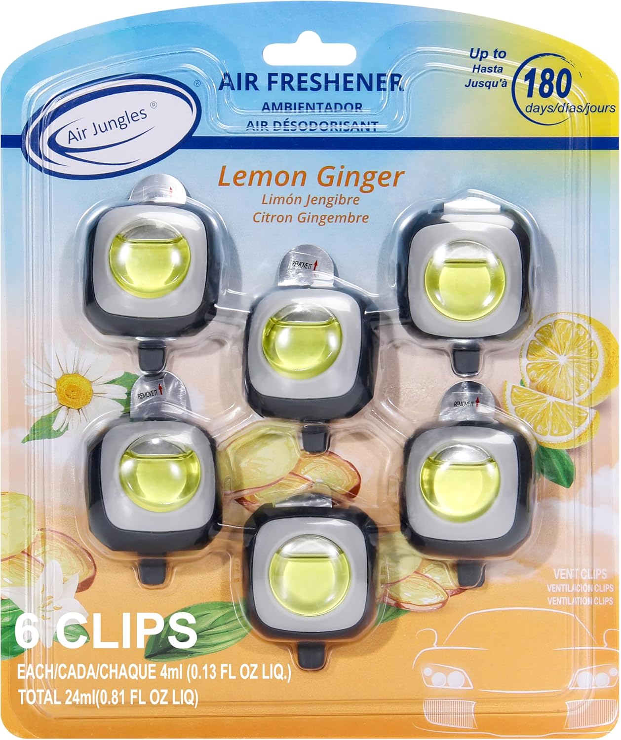 Air Jungles Lemon Ginger Scent Car Air Freshener Clip, 6 Vent Clips, 4ml Each, Long Lasting Air Freshener, Up to 180 Days Car Refresher Odor Eliminator