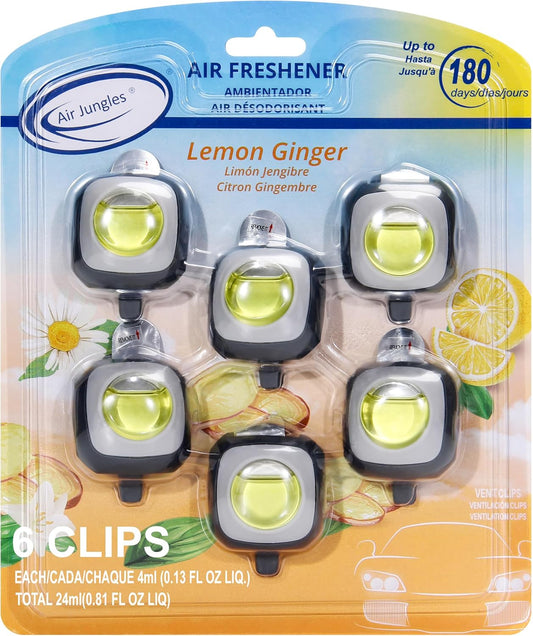 Air Jungles Lemon Ginger Scent Car Air Freshener Clip, 6 Vent Clips, 4ml Each, Long Lasting Air Freshener, Up to 180 Days Car Refresher Odor Eliminator