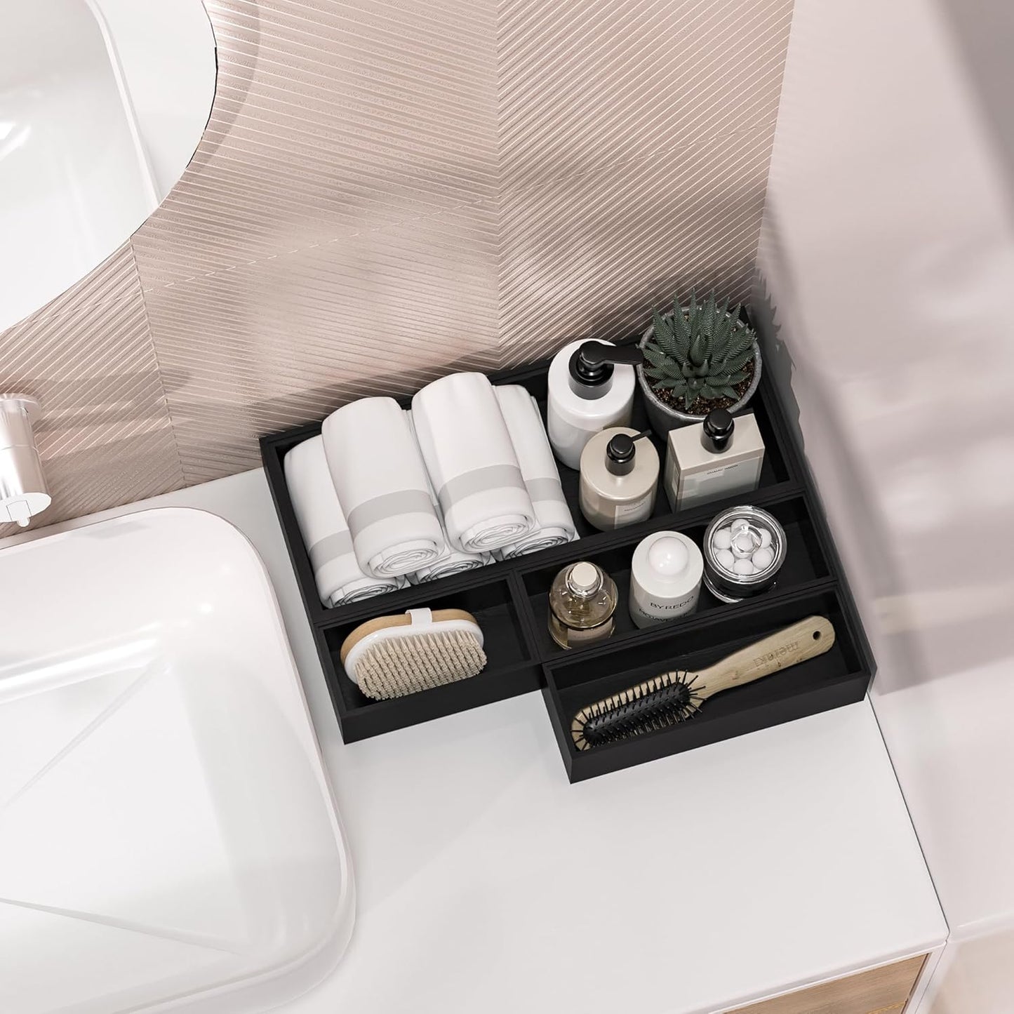 Kitchen Drawer Organizer Bins, Black Bamboo Drawer Organizer Stackable for Silverware, Utensils, Cutlery, Flatware, for Junk Drawer, Dresser, Bathroom, 12" x 3" x 2.5" (Set of 2)