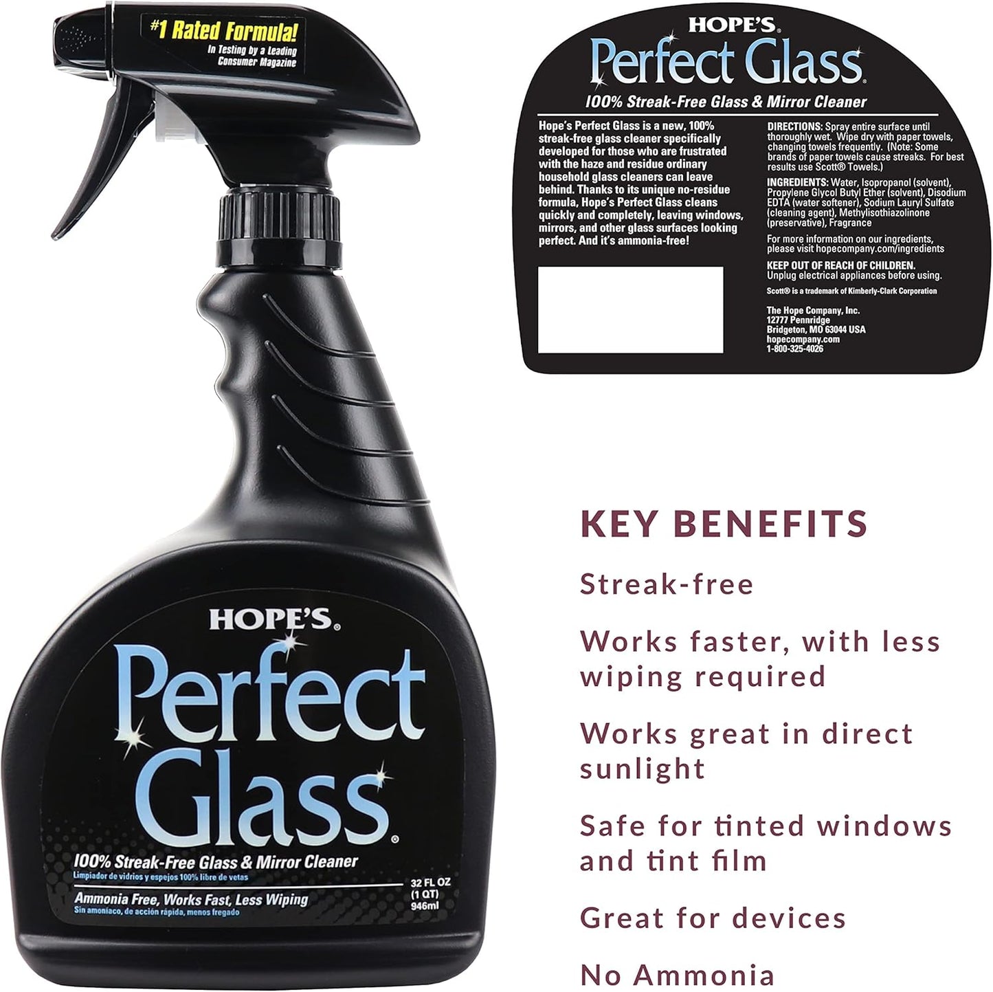 HOPE'S Perfect Glass Cleaner Spray, Streak-Free, Ammonia-Free Window, Mirror, Screen, Tinted Glass, and Shower Door Cleaner, Indoor and Outdoor Glass Surfaces, 32 Fl Oz, Pack of 2