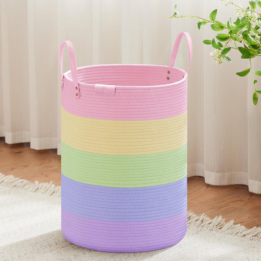 VIPOSCO Tall Laundry Basket, Large Dirty Clothes Hamper with Leather Handle, Woven Rope Storage Basket for Blanket, Toy In Living Room, Bathroom, Bedroom - 58L Rainbow