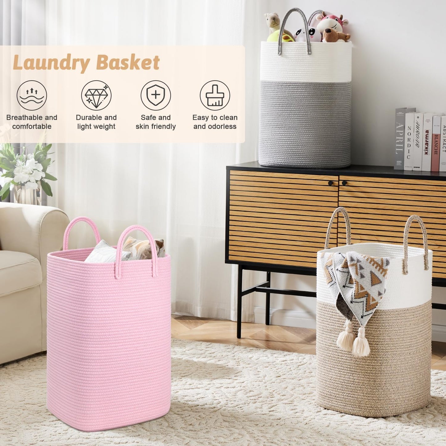 Laundry Basket,Woven Cotton Rope Laundry Hamper,80L Versatile Storage for Dirty Clothes,Baby Toys,and Blankets in Bathroom, Nursery,and Living Room