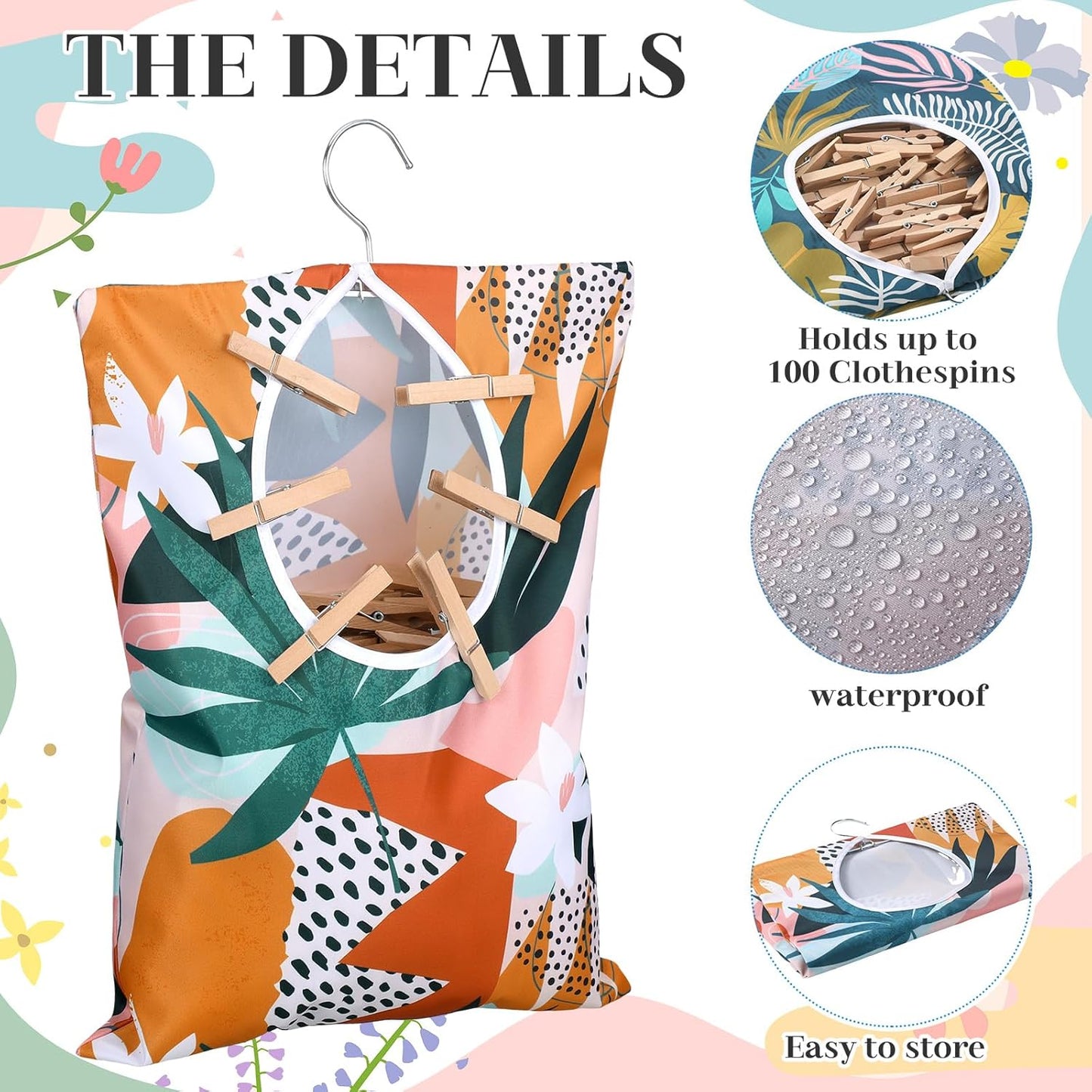 Woanger 2 Pcs Clothes Pin Bag Clothespin Holder 15 x 11 in to Hang on Line Clothes Pin Hanging Bag for Clothesline Outdoor Storage Organizer Basket with Large Opening(Leaves Style)