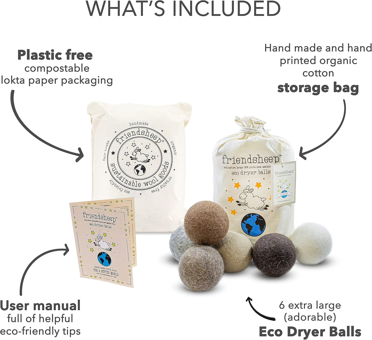 Friendsheep Wool Dryer Balls 6 Pack XL Organic Premium Reusable Cruelty Free Handmade Fair Trade No Lint Fabric Softener Color Brown Beige - Natural Mystic