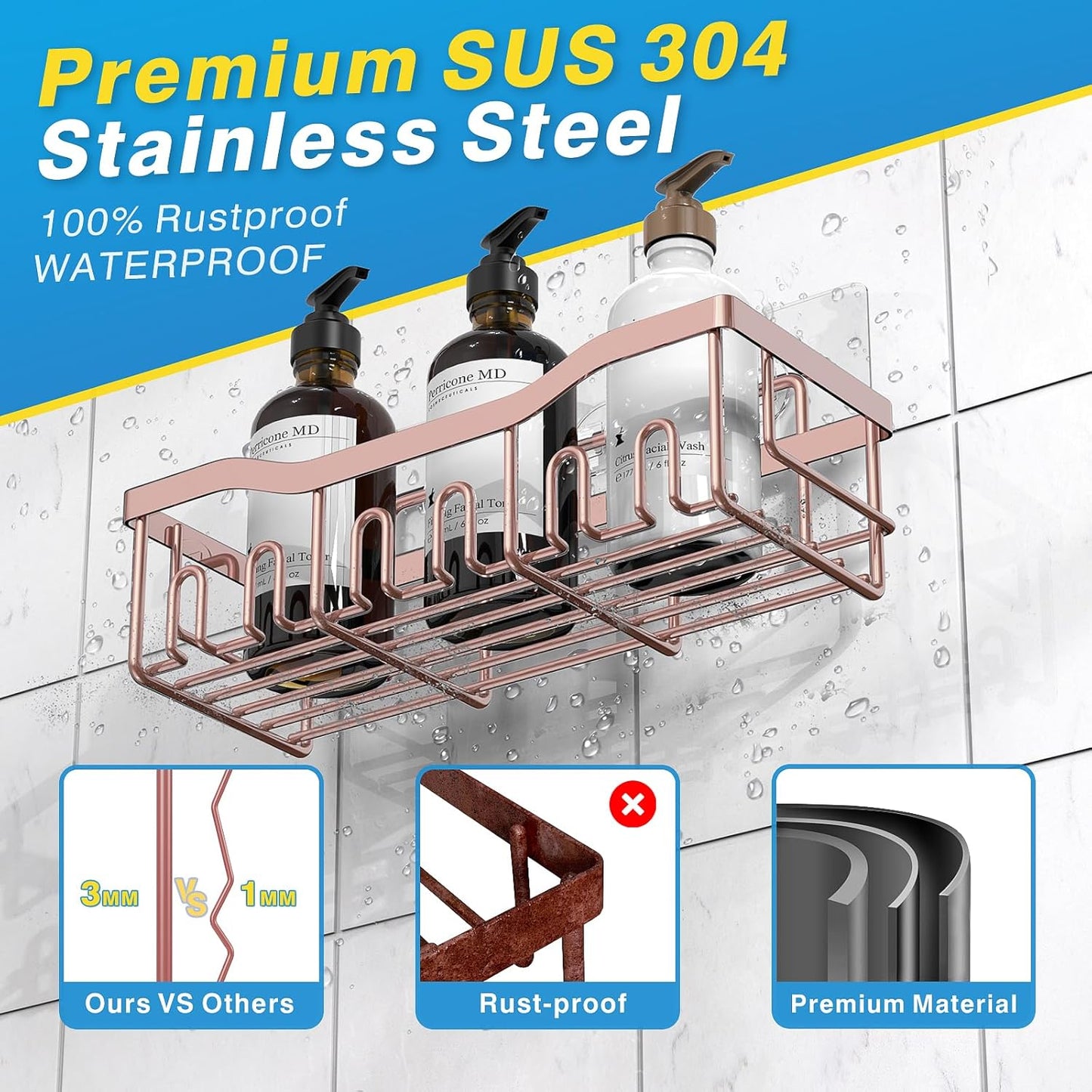 EUDELE 5-Pack Rustproof Stainless Steel Shower Caddy – No Drill Adhesive Bathroom Organizer with Large Capacity, Spacious Shower Shelves for Inside Shower, Kitchen & Home Decor Storage-XL Size