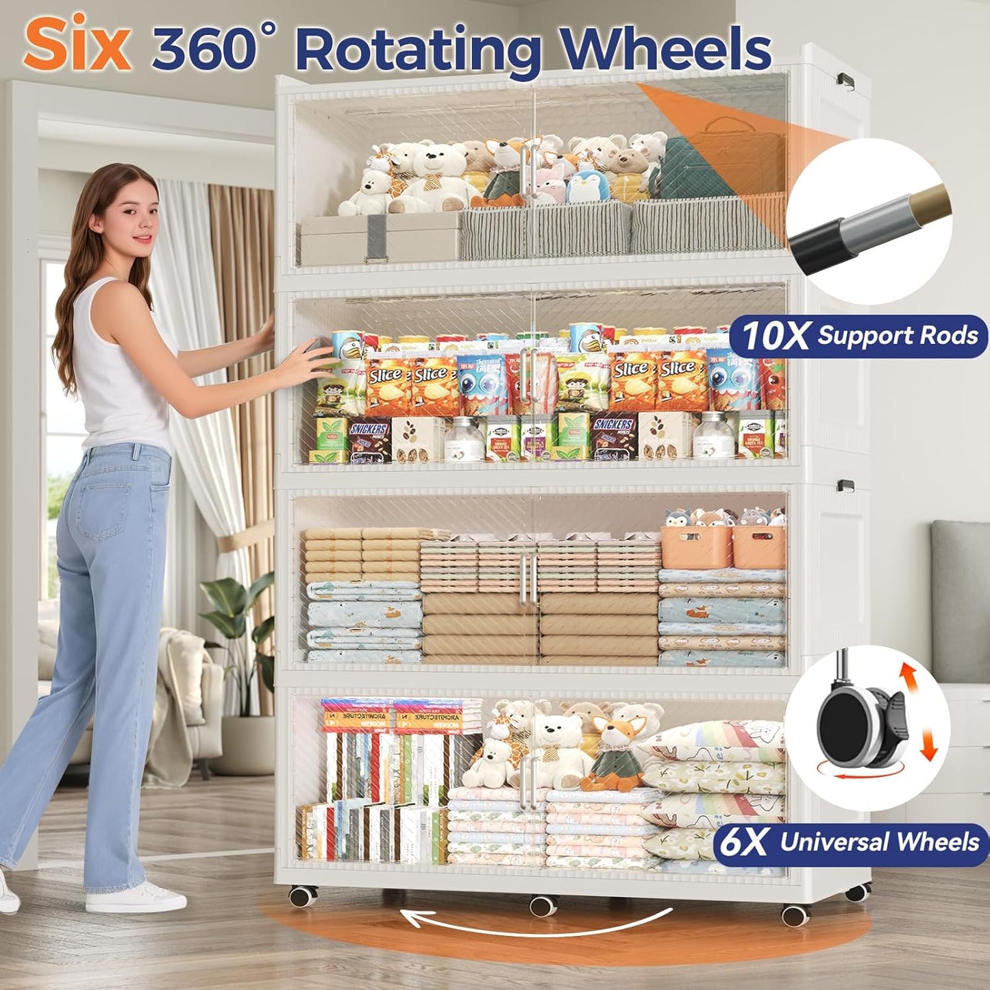 200GAL Extra Large Storage Bins with Lid, 800QT Collapsible Organizer with Wheels, Stackable Closet Cabinet with Doors, Folding Storage Containers for Home, Office, Dorm, 4Pack White