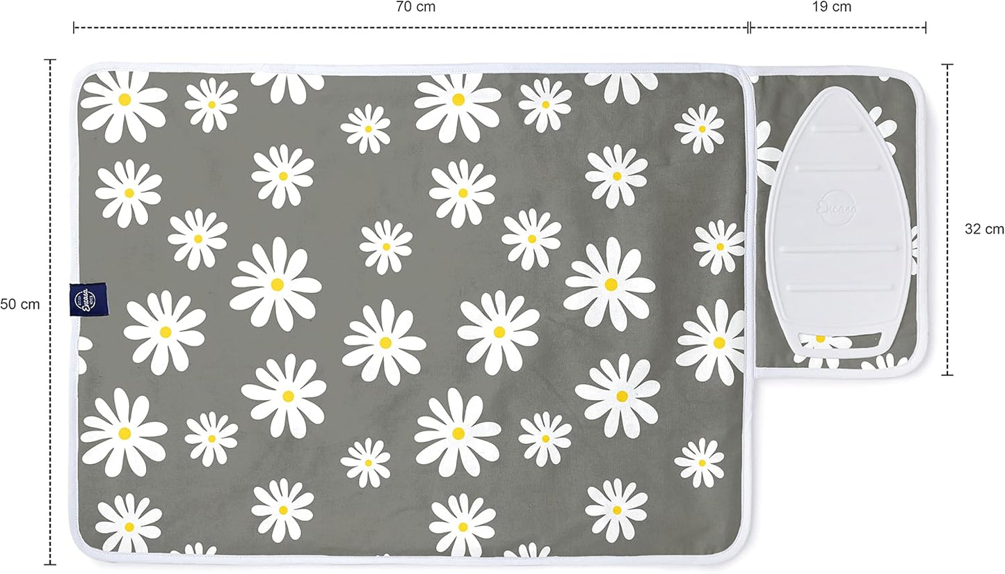 Encasa Homes Ironing Mat/Pad (Small 28"x20") with 3mm Padding & Silicone Iron Rest for Steam Pressing on Tabletop or Bed - Heat Resistant, Portable, Quilting & Travel Blanket - Daisy Grey