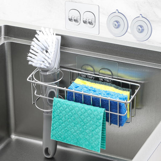 3-In-1 Sponge Holder for Kitchen Sink with Suction Cups & Adhesive Hook, In-sink Sponge Holder, Wall Hanging Sink Caddy Organizer Rack - Sponge, Dish Cloth, Brush, Scrubber - 304 Stainless Steel