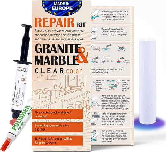 Marble, Granite & Quartz Countertop Repair Kit (Clear) - Fix Your Defects Like a Pro I Suitable for Most Repairs I Fix Broken Chips in Minutes
