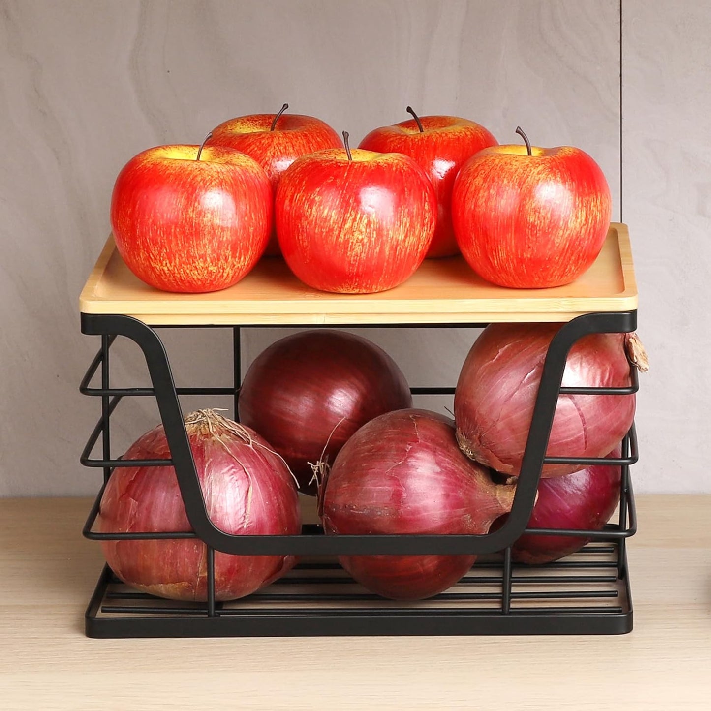 ALOCEO 2 Pack Storage Stackable Kitchen Laundry Organizers with Bamboo Top, Large Trash Bag Holder and Small Garbage Bag Dispenser for Countertop Organization