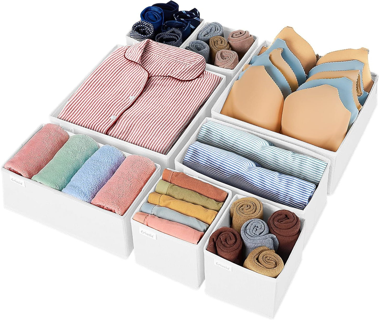 Criusia Drawer Organizer Clothes, 8 Pack Underwear Drawer Organizer, Foldable Closet Organizers and Storage Dresser Drawer Dividers for Clothes, Socks, Scarves, Ties (White)