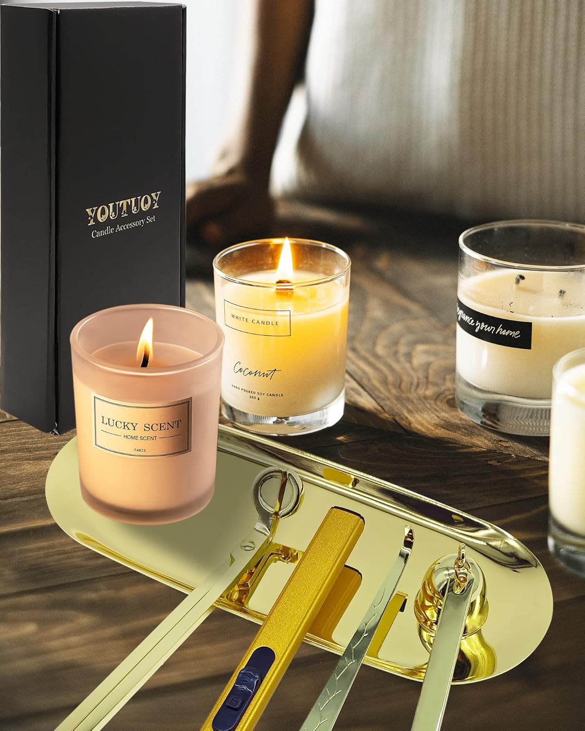 5 in1 Candle Accessory Set with Rechargeable Candle Lighter, Candle Wick Trimmer, Candle Wick Snuffer, Candle Wick Dipper, Storage Tray Plate, Candle Care Kit (Gold)