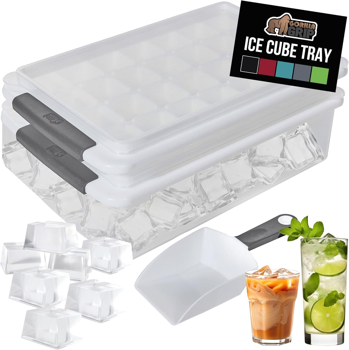 GORILLA GRIP Stackable Ice Cube Tray and Bucket Set for Freezer, Includes 2 Trays with Lid and Scooper, Easy Release, Makes 56 Cubes for Cocktail Soda Coffee, Leak Proof Bin Kit, Kitchen Tool, Gray
