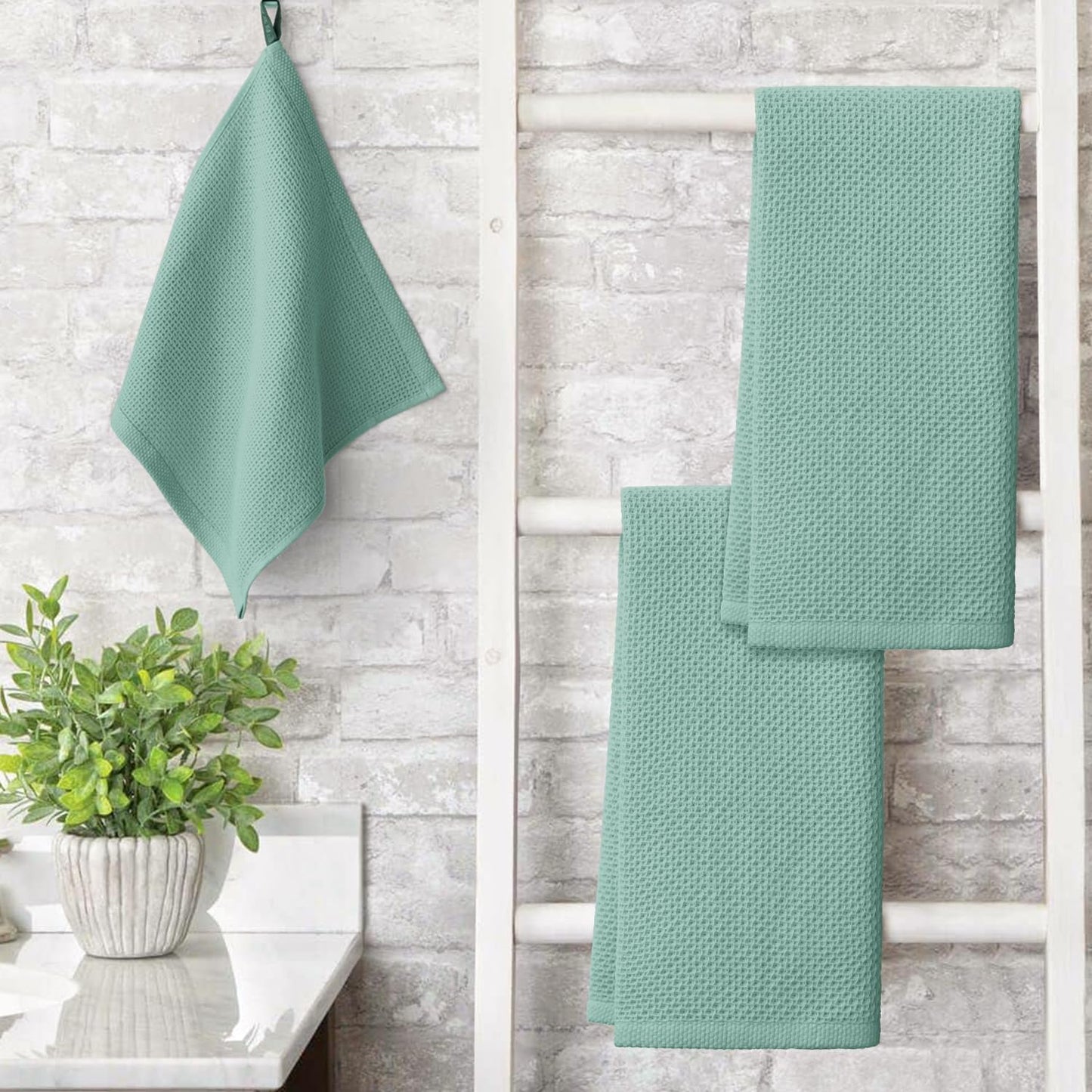 Artoid Mode 100% Cotton Light Green Waffle Weave Kitchen Dish Cloths, 13x28 Inch Ultra Soft Absorbent Quick Drying Kitchen Dish Towels Set of 4